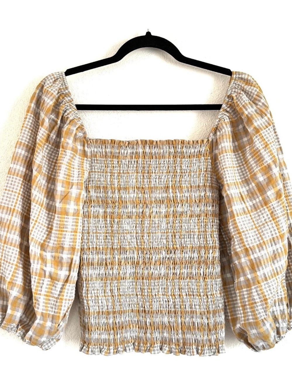 Anthropologie Mustard & White Smocked Plaid Peasant Blouse